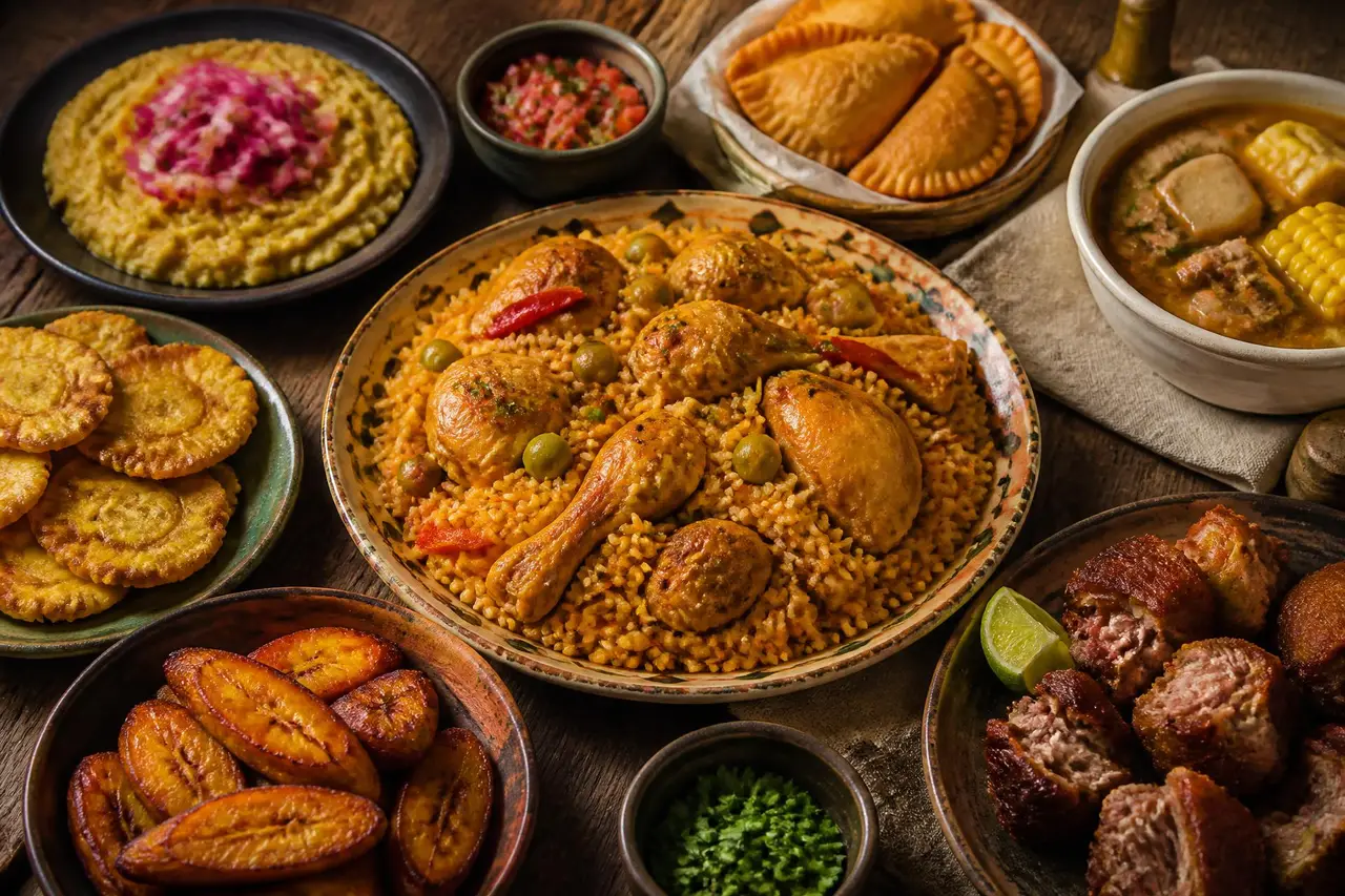 Spread of Dominican dishes including arroz con pollo, plantains and empanadas
